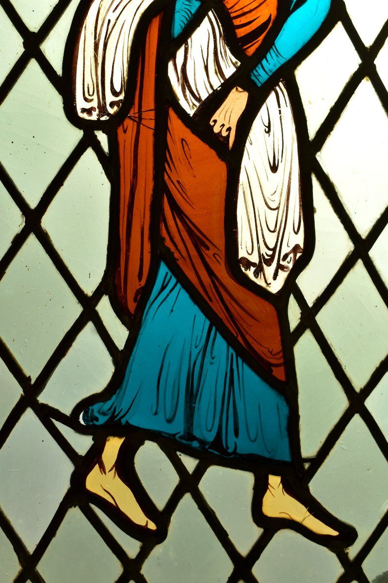 Vitrail de Style Roman Représentant un Personnage du Moyen Age, Début  XXème, Goût Médiéval-photo-3