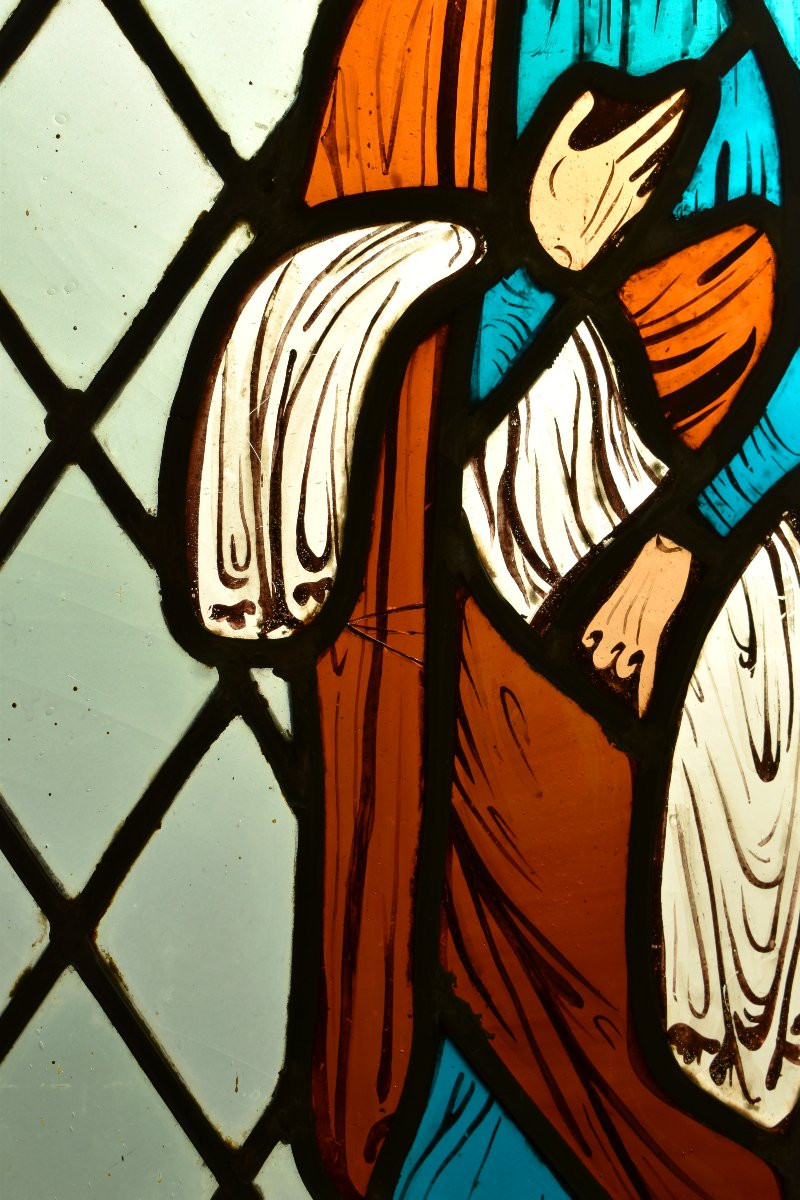 Vitrail de Style Roman Représentant un Personnage du Moyen Age, Début  XXème, Goût Médiéval-photo-1