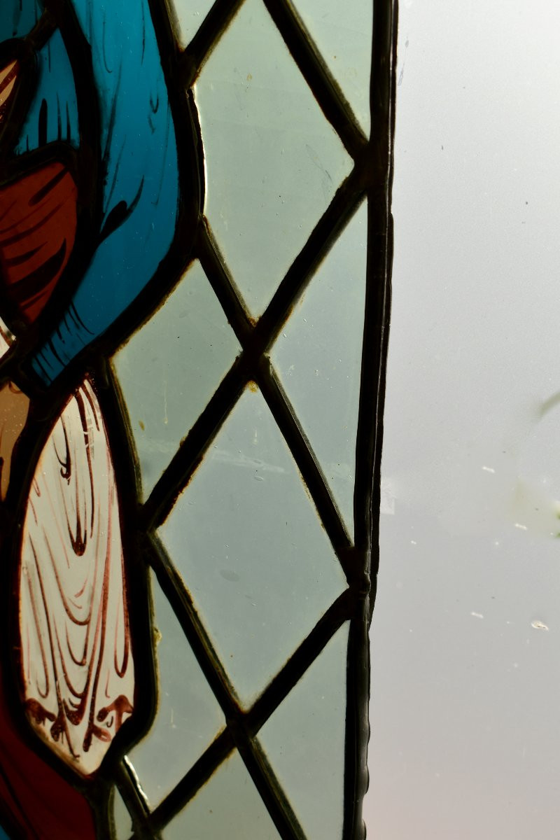 Vitrail de Style Roman Représentant un Personnage du Moyen Age, Début  XXème, Goût Médiéval-photo-5