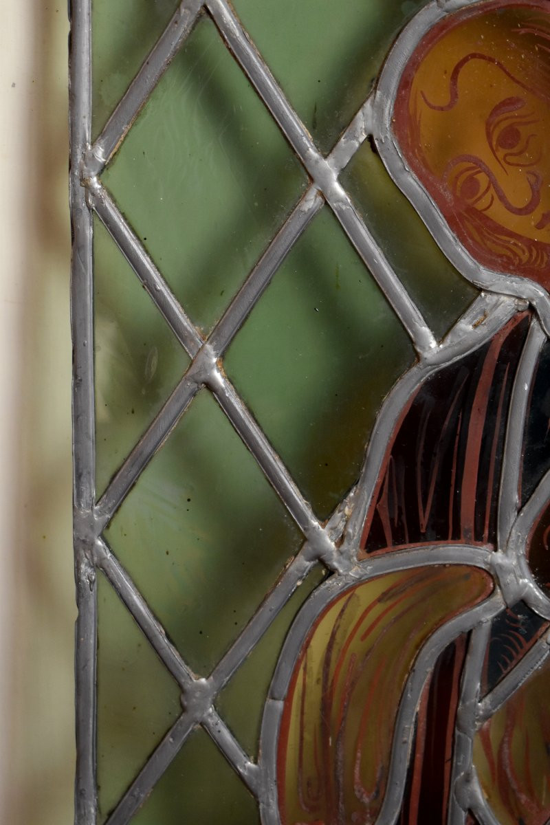 Vitrail de Style Roman Représentant un Personnage du Moyen Age, Début  XXème, Goût Médiéval-photo-7