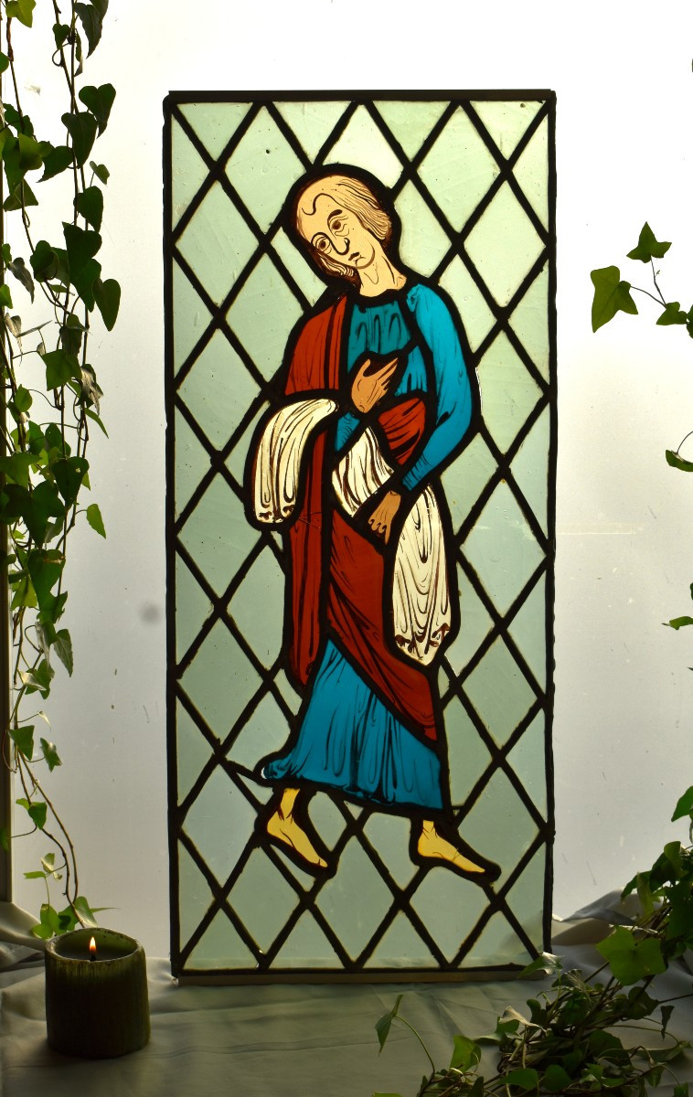 Vitrail de Style Roman Représentant un Personnage du Moyen Age, Début  XXème, Goût Médiéval