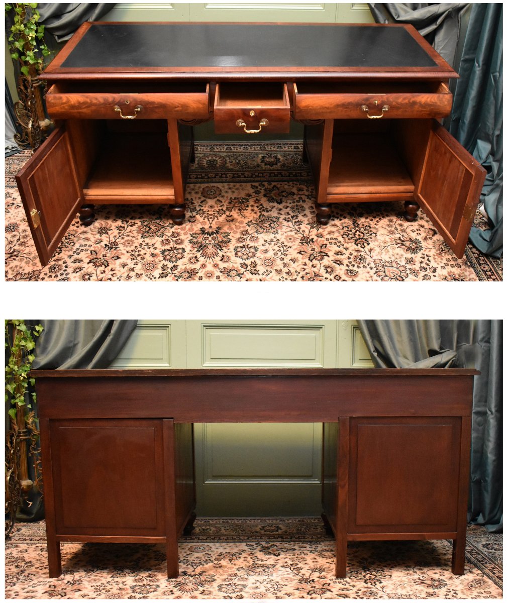 Bureau Anglais à Caissons, Bureau Plat, Acajou et Bois Naturel, Dessus Cuir, Milieu XXème-photo-1