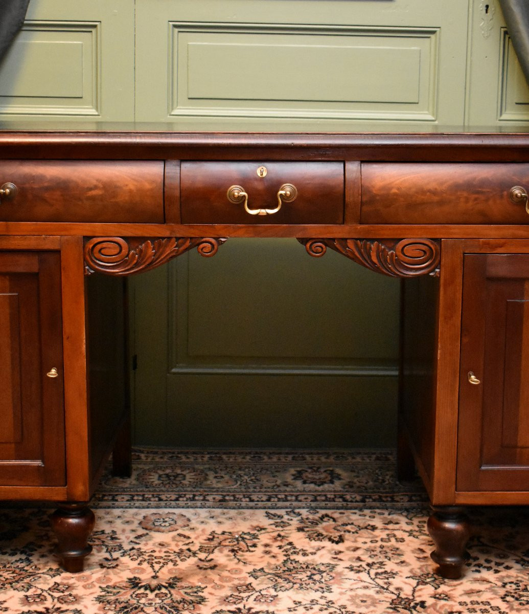 Bureau Anglais à Caissons, Bureau Plat, Acajou et Bois Naturel, Dessus Cuir, Milieu XXème-photo-4