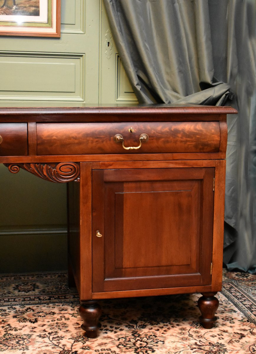 Bureau Anglais à Caissons, Bureau Plat, Acajou et Bois Naturel, Dessus Cuir, Milieu XXème-photo-5