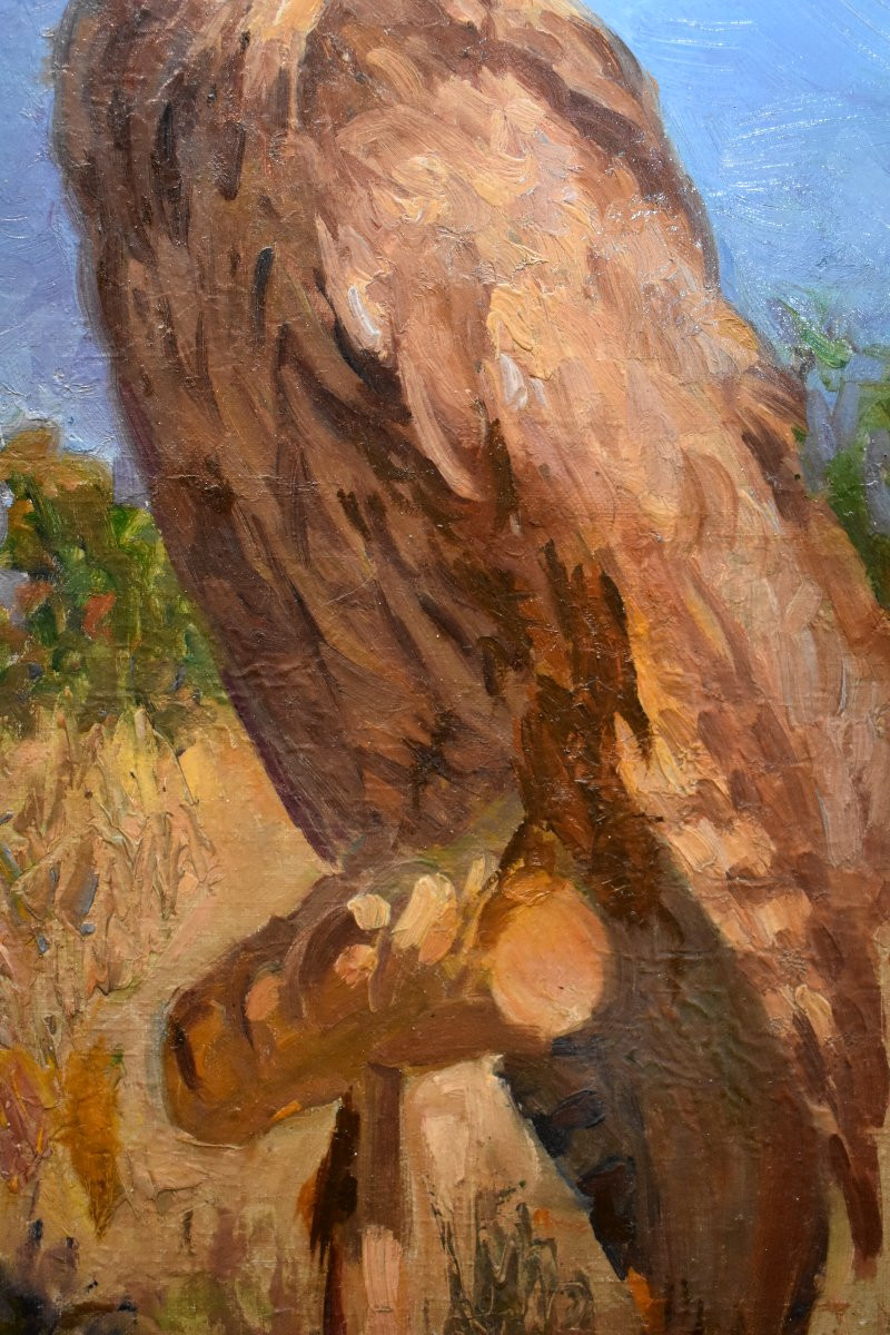 Alfred Andrieux (1879-1945), Eagle Owl, Oil On Canvas, Ornithology Theme, Early 20th Century-photo-4