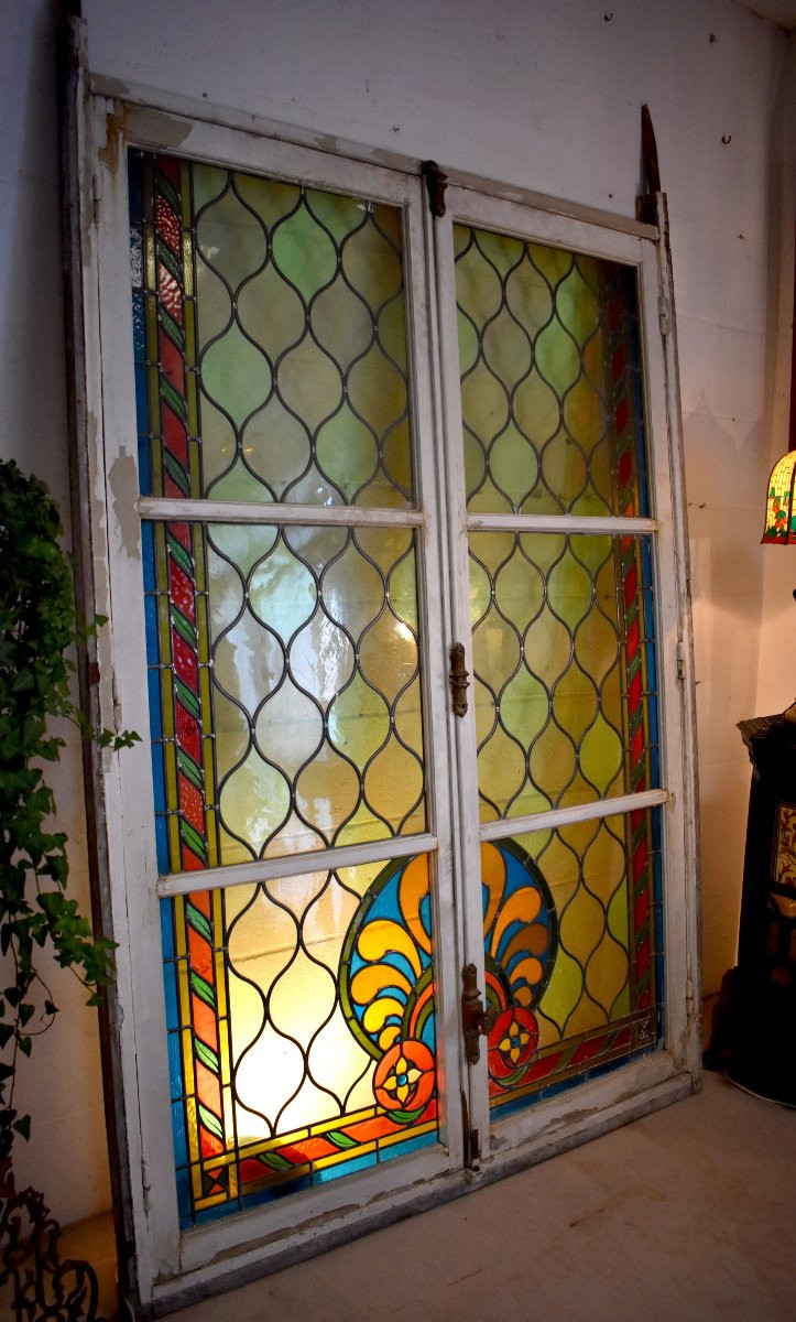  Stained Glass Window, 3.14m High, Large Stained Glass French Door With Transom, Stained Glass Windows, Circa 1900-photo-2