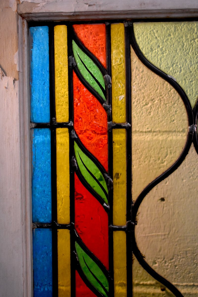  Stained Glass Window, 3.14m High, Large Stained Glass French Door With Transom, Stained Glass Windows, Circa 1900-photo-1
