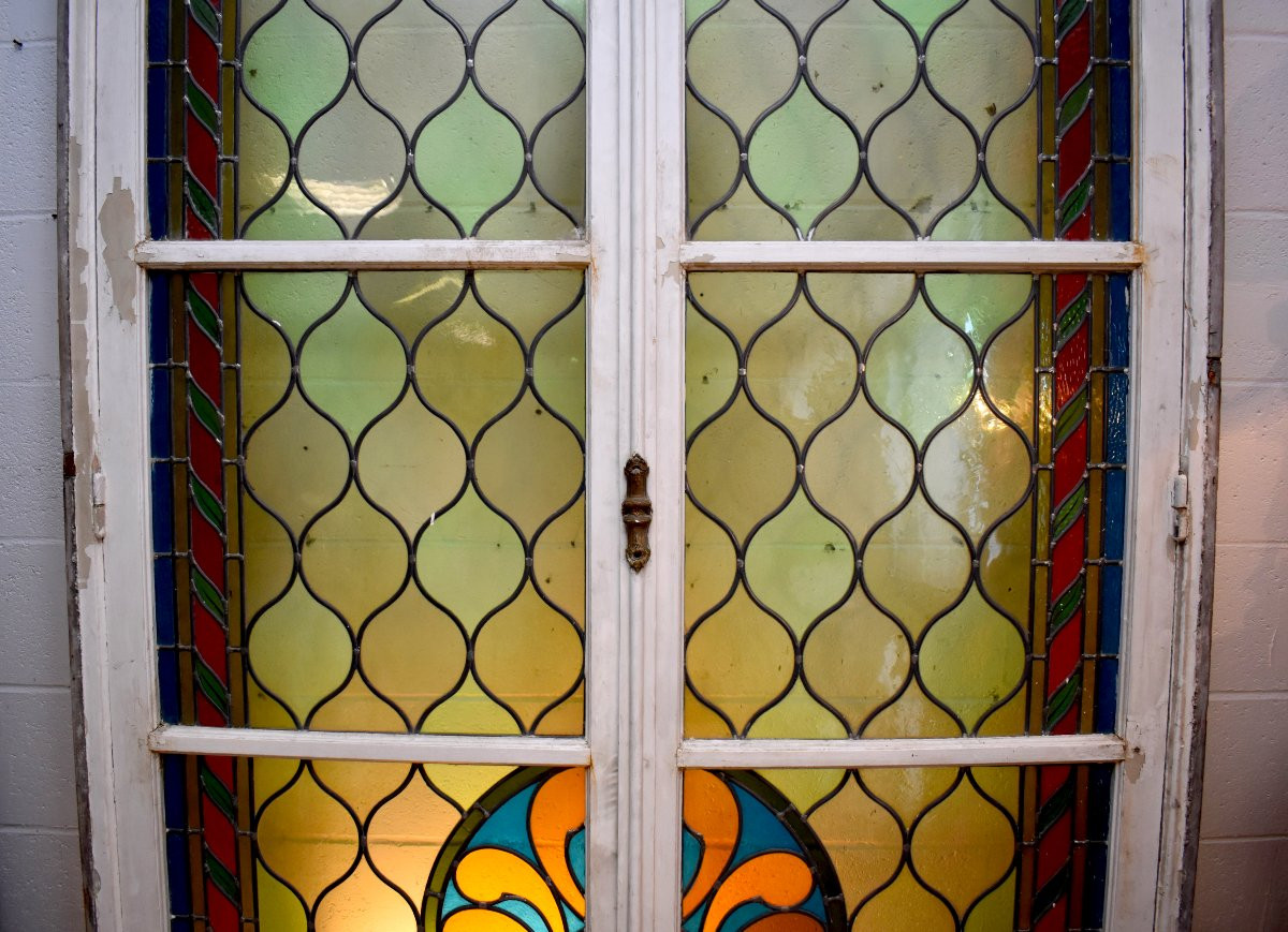  Stained Glass Window, 3.14m High, Large Stained Glass French Door With Transom, Stained Glass Windows, Circa 1900-photo-4