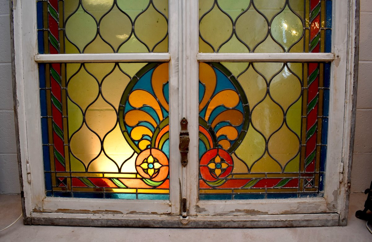  Stained Glass Window, 3.14m High, Large Stained Glass French Door With Transom, Stained Glass Windows, Circa 1900-photo-5