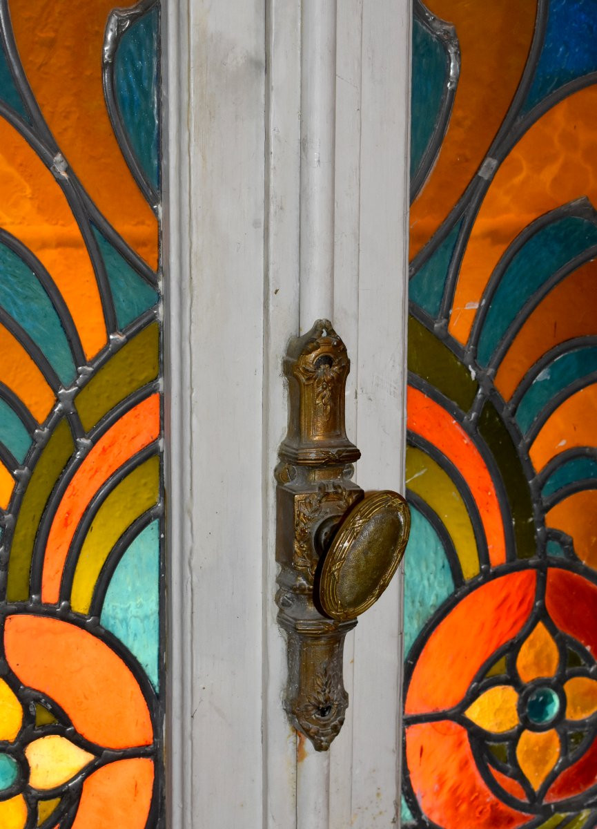  Stained Glass Window, 3.14m High, Large Stained Glass French Door With Transom, Stained Glass Windows, Circa 1900-photo-7