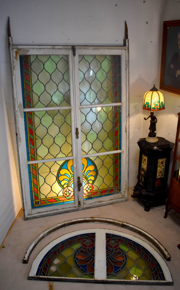  Stained Glass Window, 3.14m High, Large Stained Glass French Door With Transom, Stained Glass Windows, Circa 1900-photo-8