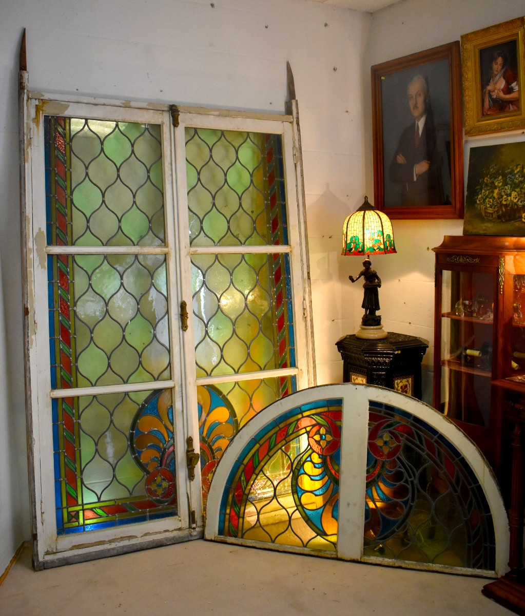  Stained Glass Window, 3.14m High, Large Stained Glass French Door With Transom, Stained Glass Windows, Circa 1900