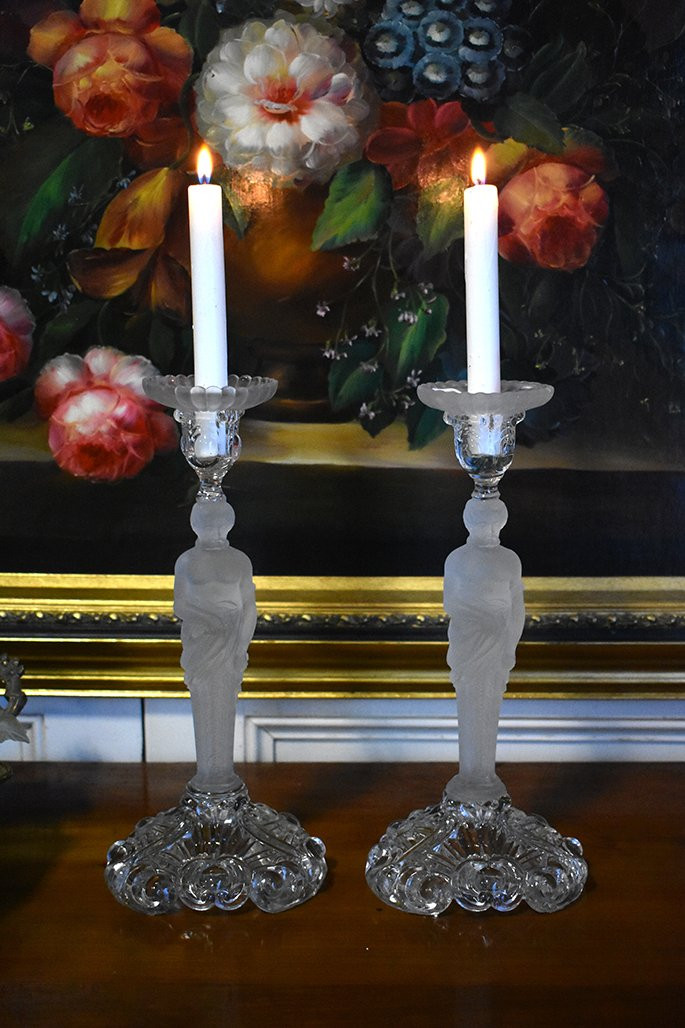 Pair Of Candlesticks With Atlantes, Frosted Glass, Chandeliers, 20th Century-photo-2