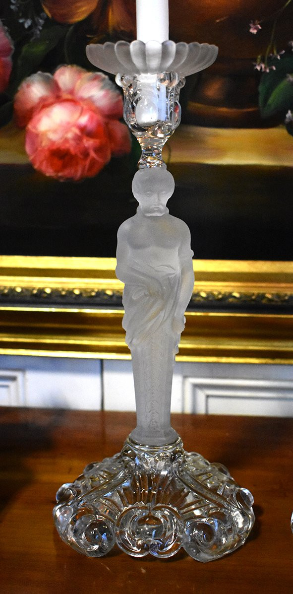 Pair Of Candlesticks With Atlantes, Frosted Glass, Chandeliers, 20th Century-photo-3