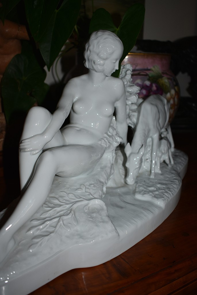 Bohumil Rezl ( 1899-1963), Grand Groupe En Porcelaine Blanche, Sculpture  Art Déco, Nu Féminin-photo-3
