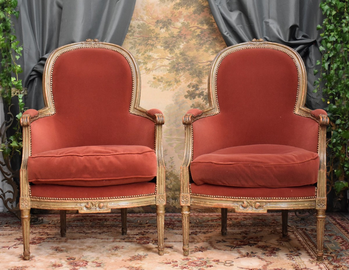 Pair Of Large Bergère Armchairs In Lacquered And Cerused Wood, Louis XVI Style, 19th Century-photo-2