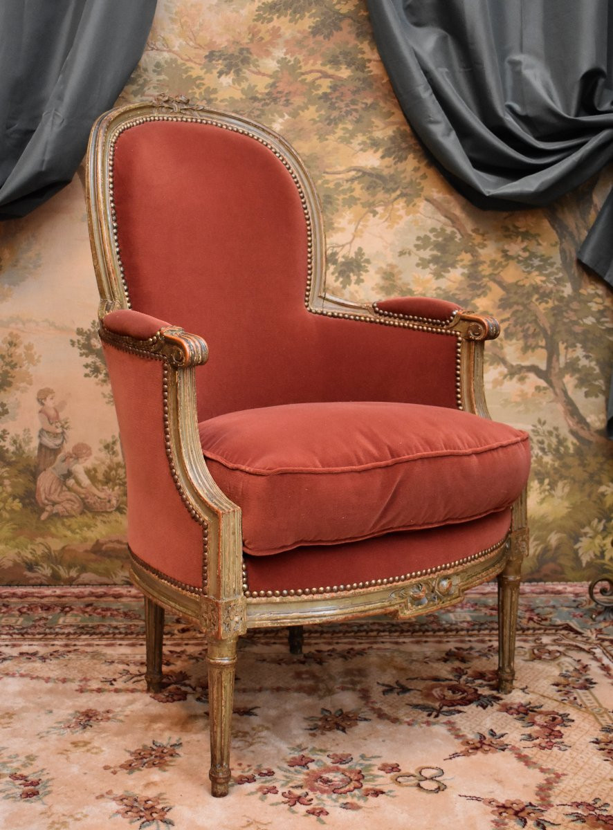Pair Of Large Bergère Armchairs In Lacquered And Cerused Wood, Louis XVI Style, 19th Century-photo-1