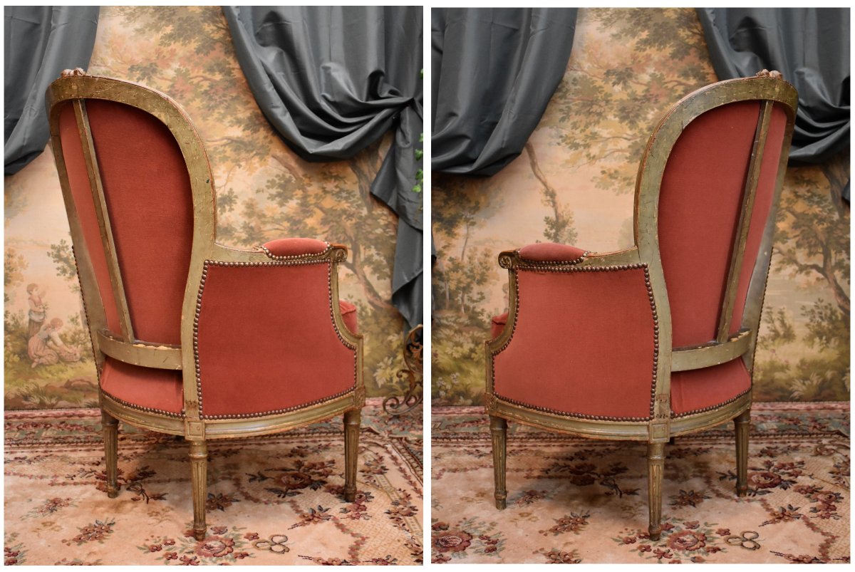 Pair Of Large Bergère Armchairs In Lacquered And Cerused Wood, Louis XVI Style, 19th Century-photo-4