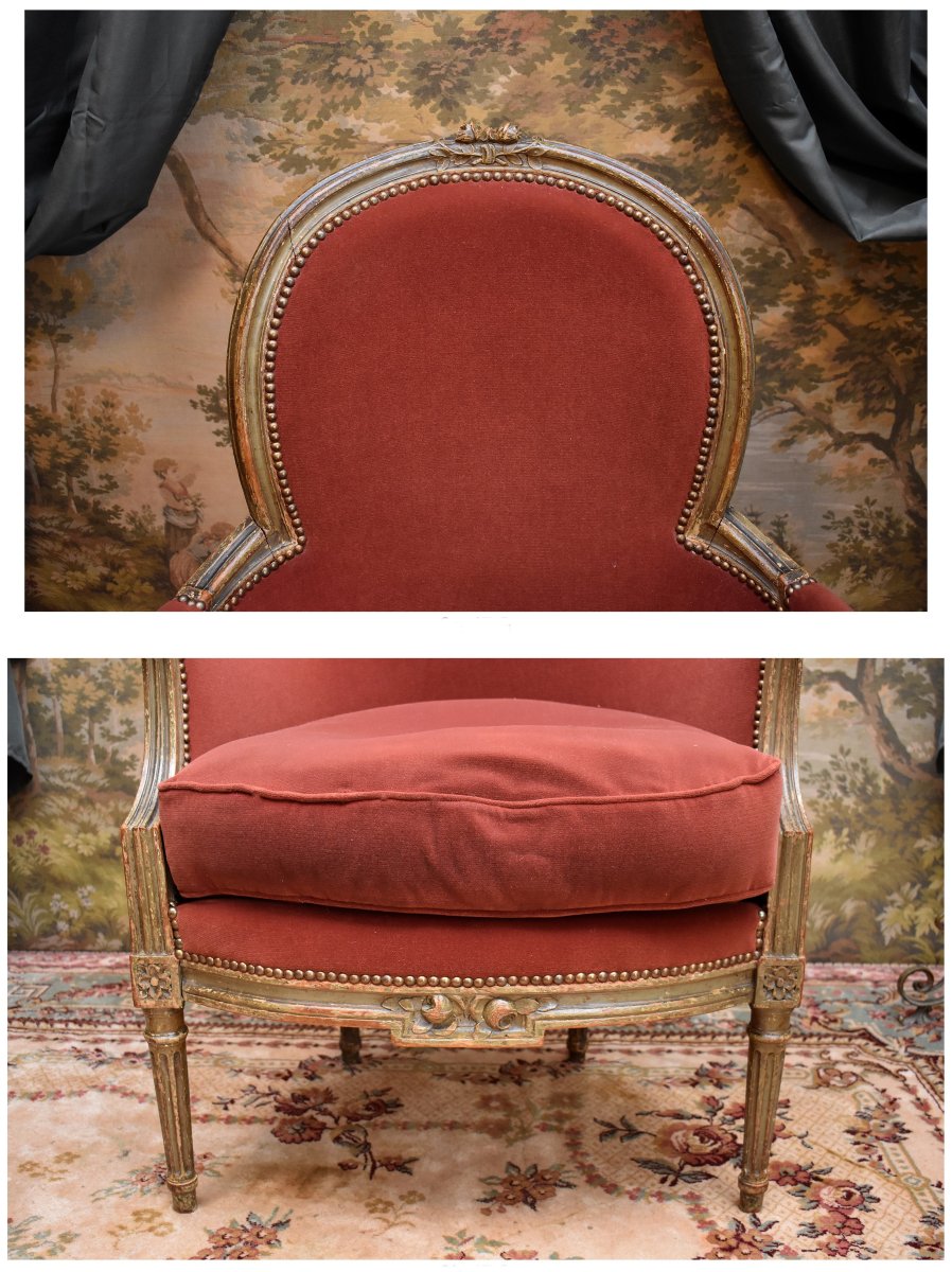Pair Of Large Bergère Armchairs In Lacquered And Cerused Wood, Louis XVI Style, 19th Century-photo-5