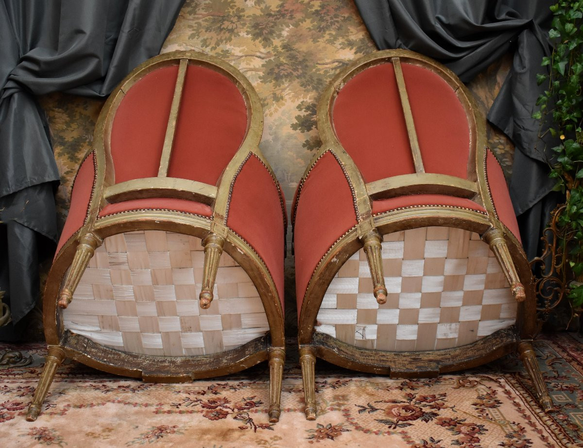 Pair Of Large Bergère Armchairs In Lacquered And Cerused Wood, Louis XVI Style, 19th Century-photo-8