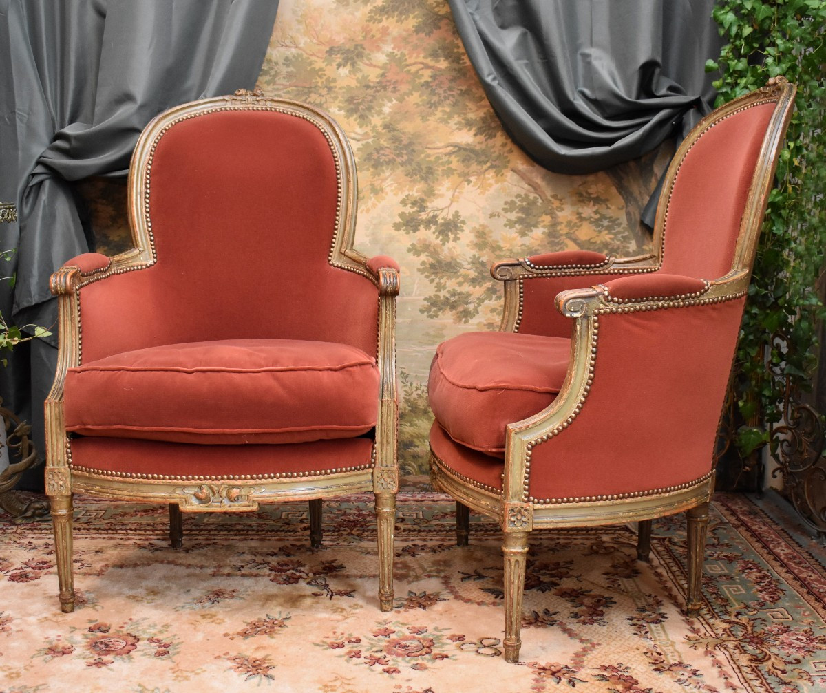Pair Of Large Bergère Armchairs In Lacquered And Cerused Wood, Louis XVI Style, 19th Century