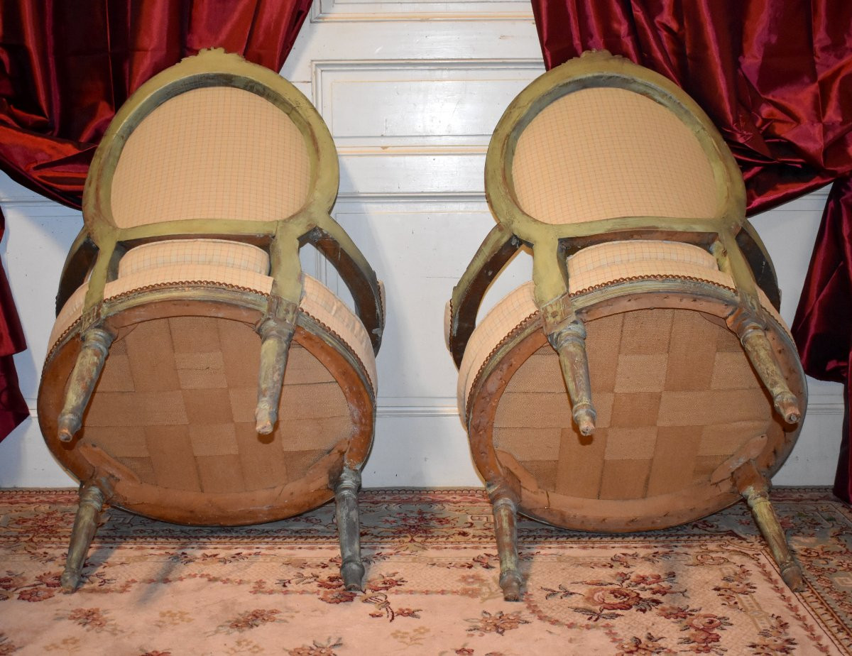 Paire de Larges Fauteuils Médaillons de Style Louis XVI, Bois Laqué,  Epoque XXeme-photo-8