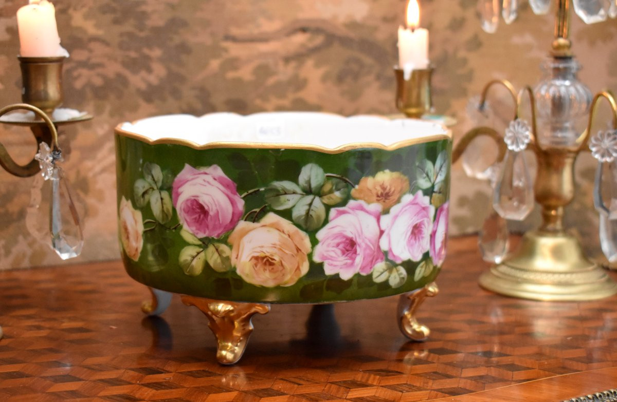 Coupe en Porcelaine de  Limoges, décor de Roses peint Main, Centre de Table, Cache pot, XXeme-photo-2