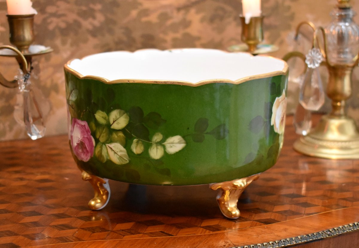 Coupe en Porcelaine de  Limoges, décor de Roses peint Main, Centre de Table, Cache pot, XXeme-photo-4