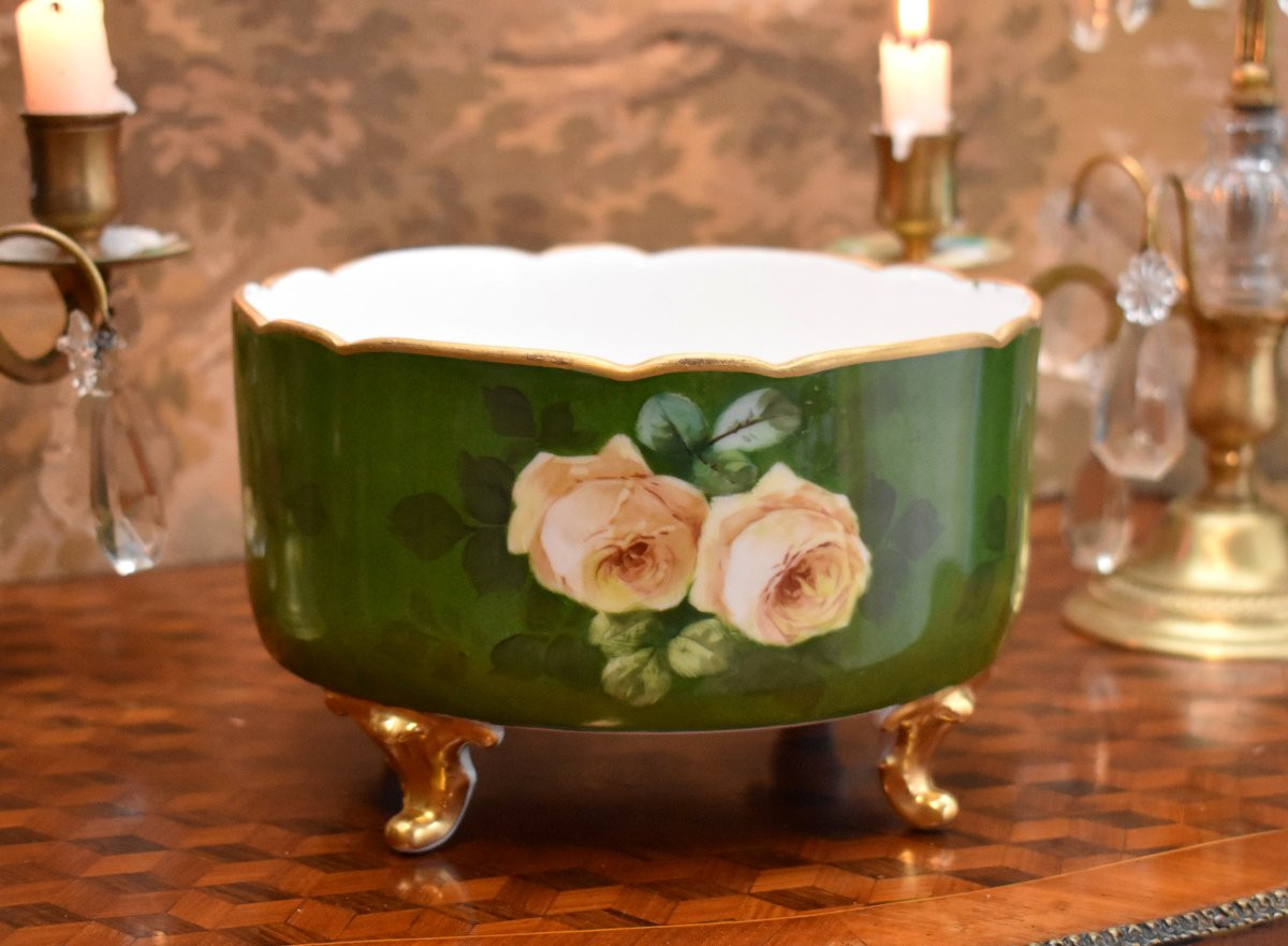 Coupe en Porcelaine de  Limoges, décor de Roses peint Main, Centre de Table, Cache pot, XXeme-photo-1