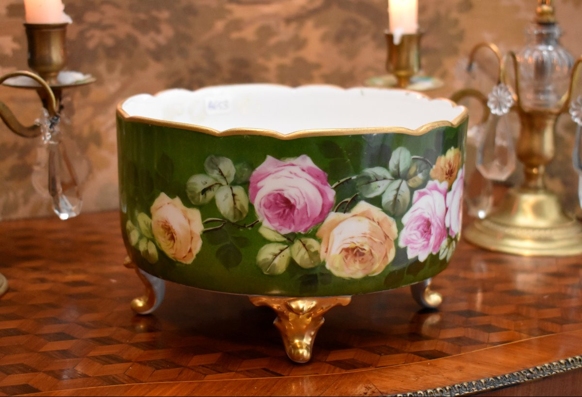 Coupe en Porcelaine de  Limoges, décor de Roses peint Main, Centre de Table, Cache pot, XXeme-photo-3