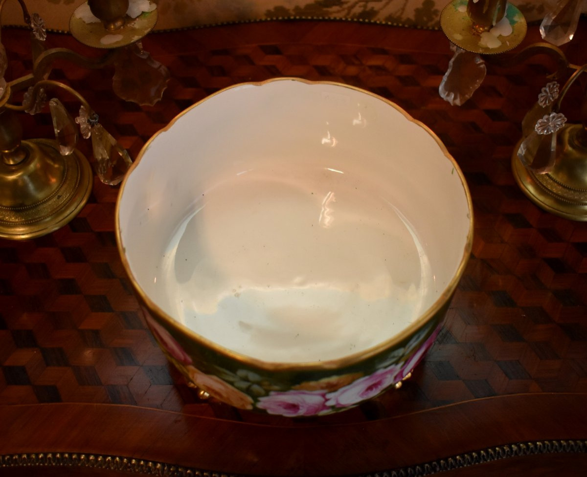 Coupe en Porcelaine de  Limoges, décor de Roses peint Main, Centre de Table, Cache pot, XXeme-photo-4
