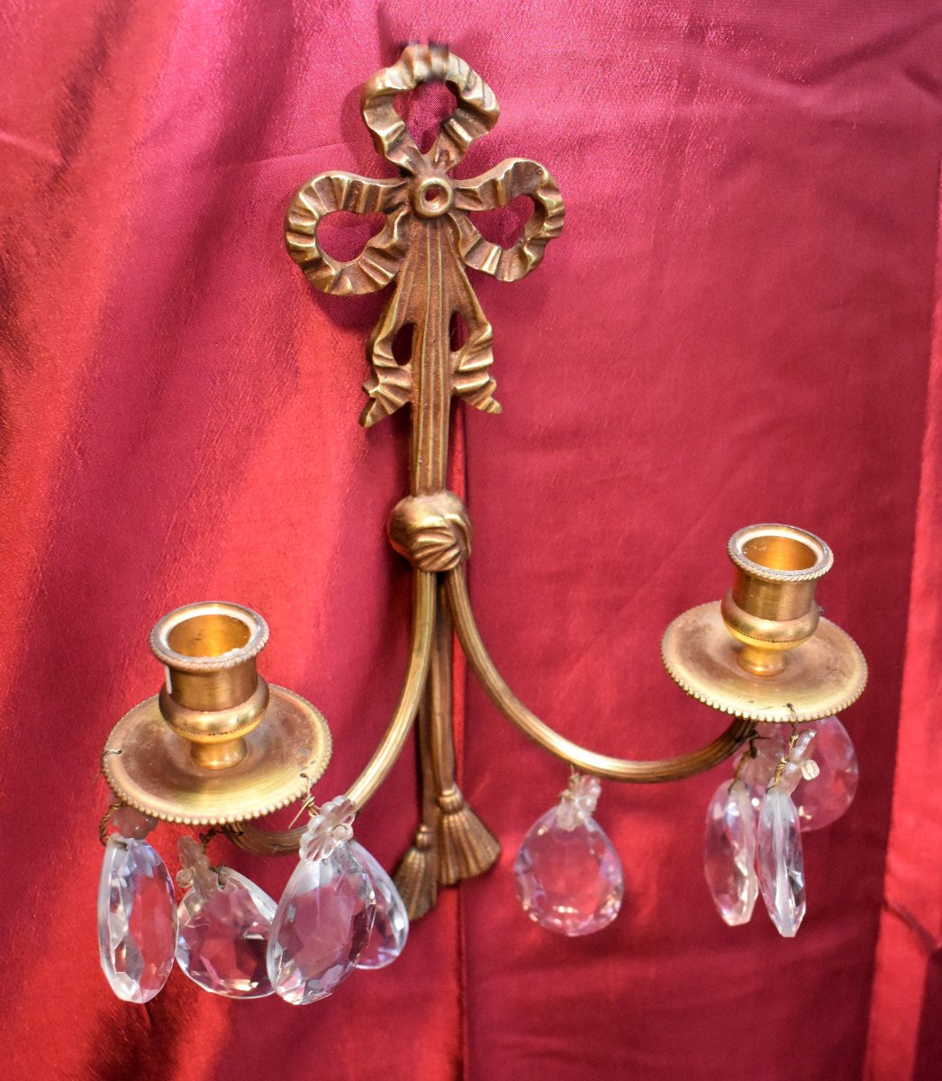 Paire d'Appliques à Pampilles de Style Louis XVI, Bronze Doré et Cristal, Epoque XXeme-photo-3