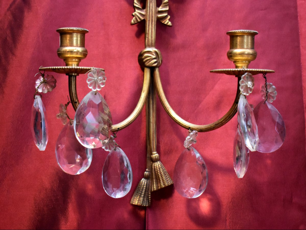 Paire d'Appliques à Pampilles de Style Louis XVI, Bronze Doré et Cristal, Epoque XXeme-photo-4