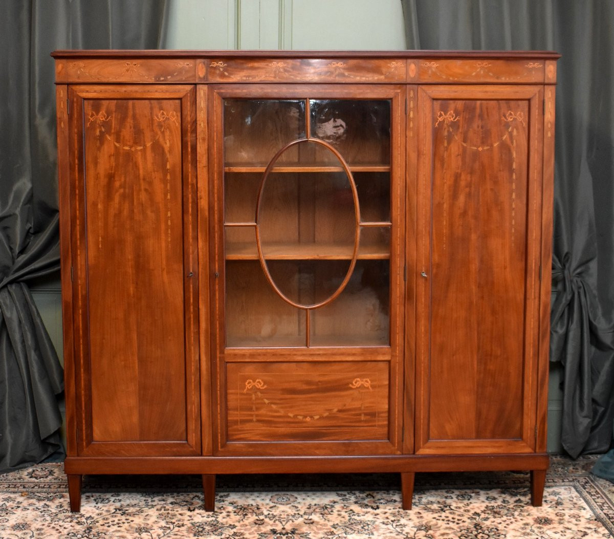 Bibliothèque Anglaise en Acajou et Marqueterie, Angleterre, bibliothèque Vitrée, Fin XIXeme-photo-2