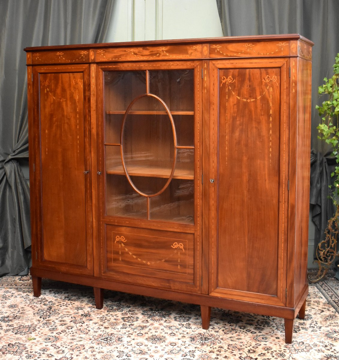 Bibliothèque Anglaise en Acajou et Marqueterie, Angleterre, bibliothèque Vitrée, Fin XIXeme-photo-4