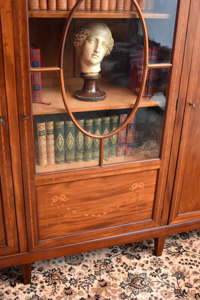 Bibliothèque Anglaise en Acajou et Marqueterie, Angleterre, bibliothèque Vitrée, Fin XIXeme-photo-2