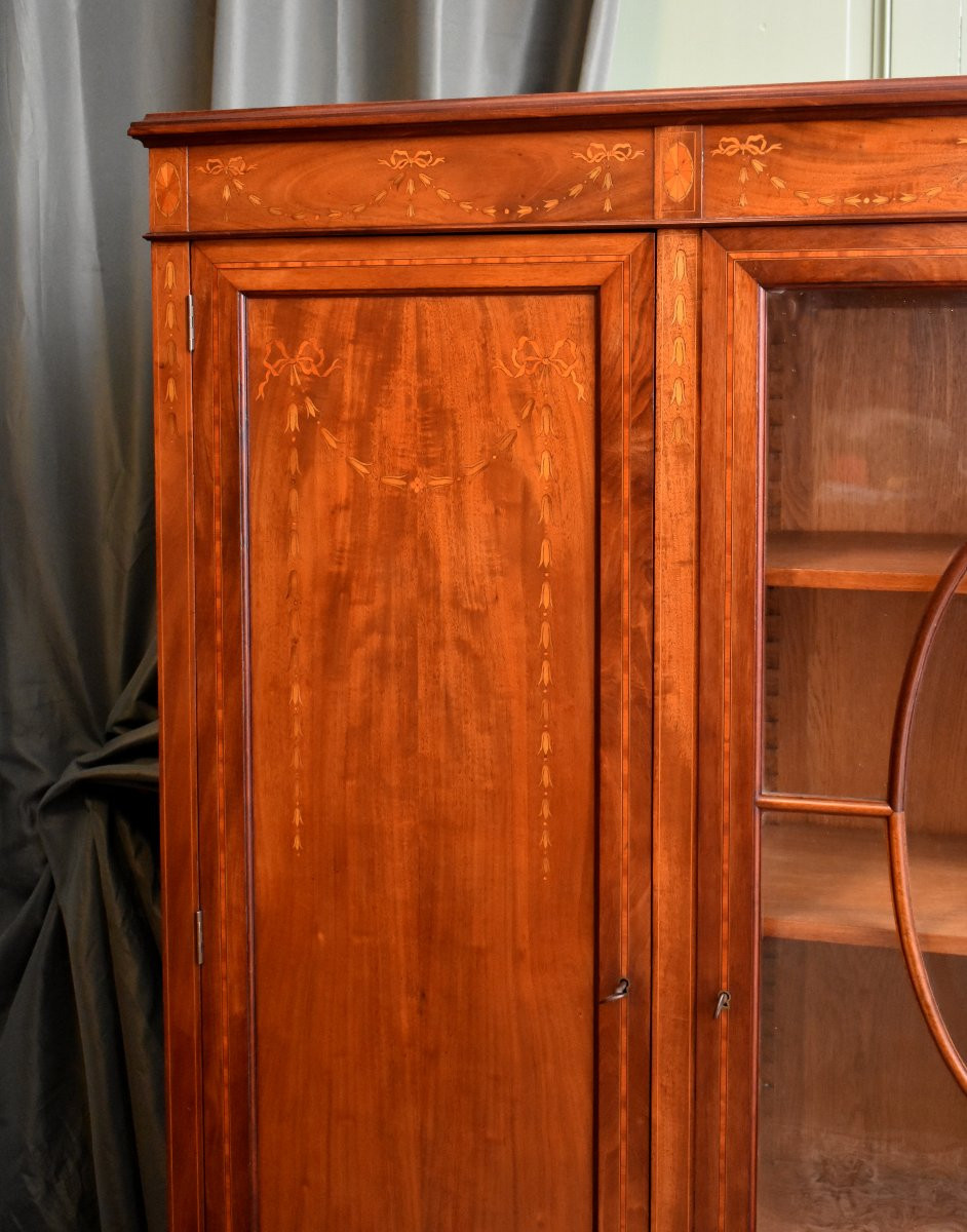 Bibliothèque Anglaise en Acajou et Marqueterie, Angleterre, bibliothèque Vitrée, Fin XIXeme-photo-4