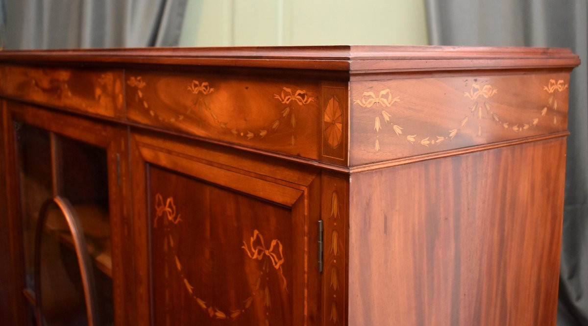 Bibliothèque Anglaise en Acajou et Marqueterie, Angleterre, bibliothèque Vitrée, Fin XIXeme-photo-5