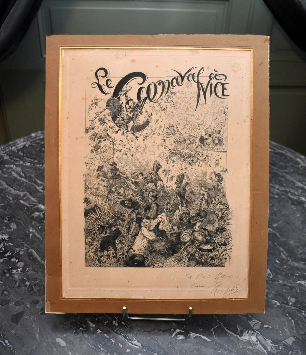 Carnaval de Nice, Gravure signée et Dédicacée par Paul Eugène Mesplès (1849-1924), Belle Epoque-photo-2