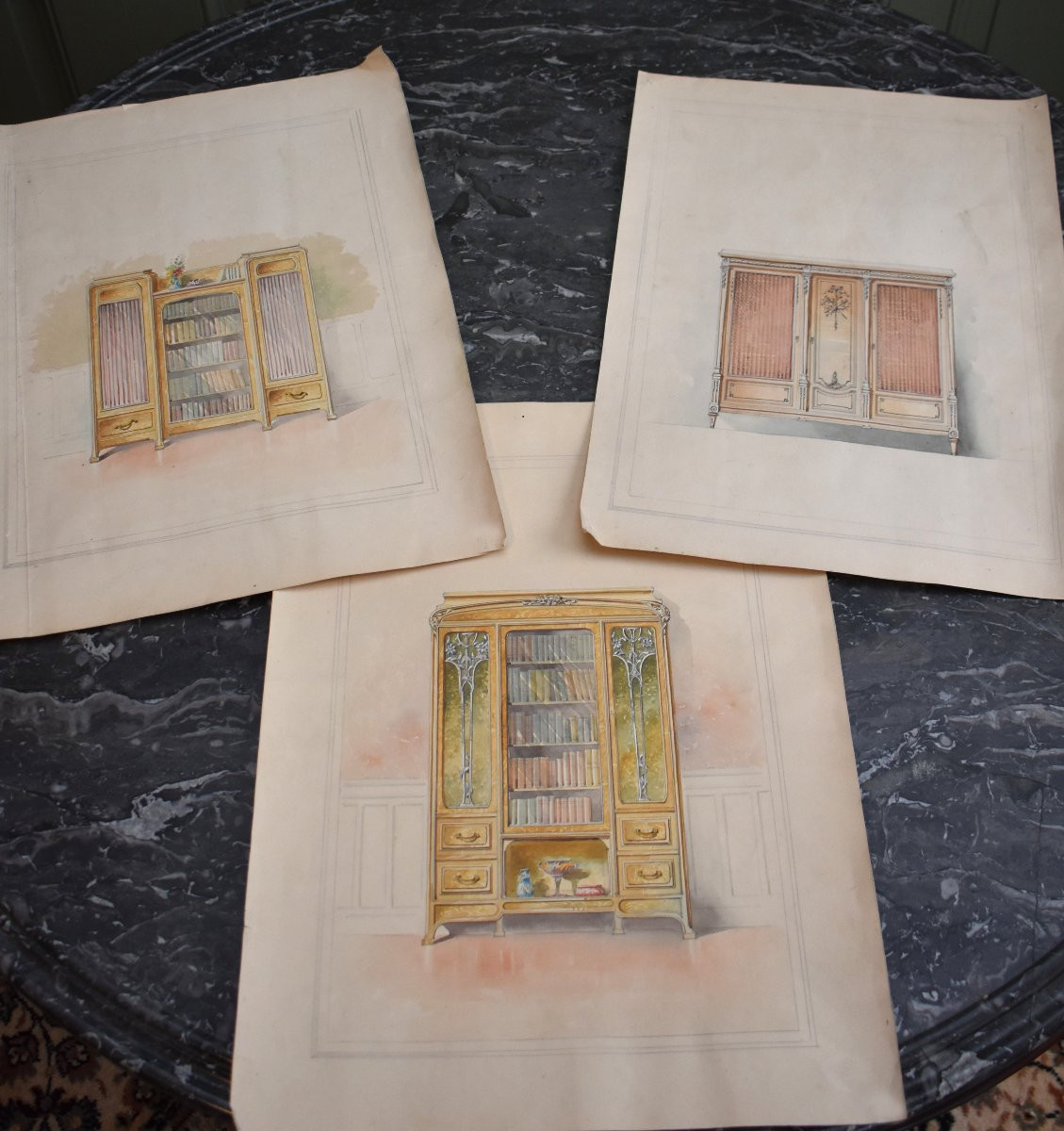 Ensemble de trois dessins aquarellés, projet de mobilier , ébénisterie, début XXème-photo-2