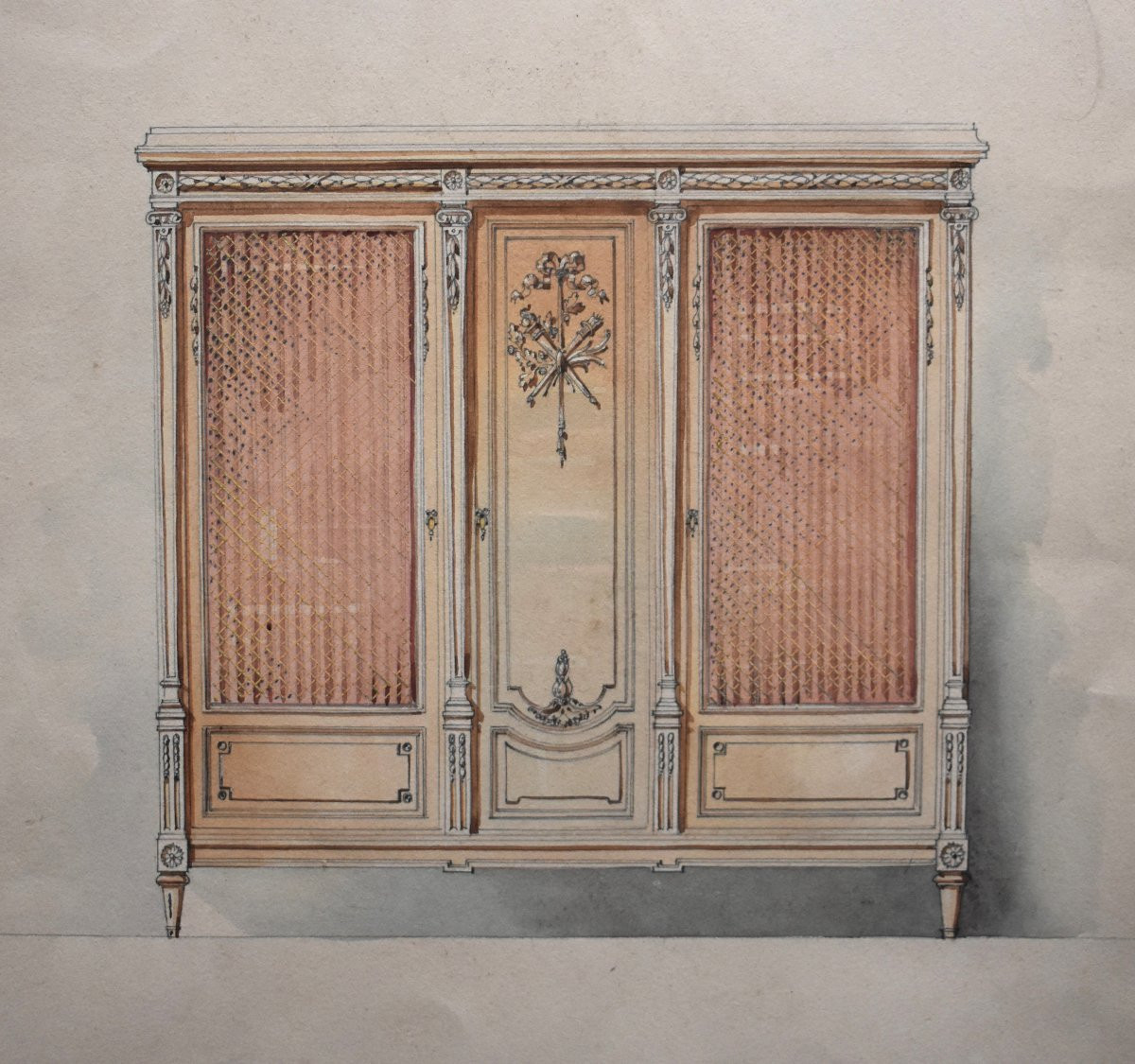 Ensemble de trois dessins aquarellés, projet de mobilier , ébénisterie, début XXème-photo-3