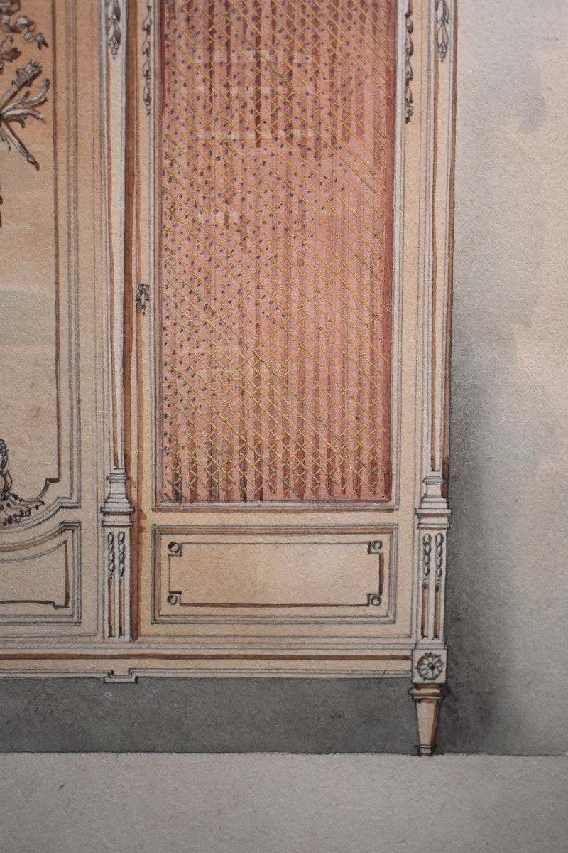 Ensemble de trois dessins aquarellés, projet de mobilier , ébénisterie, début XXème-photo-4