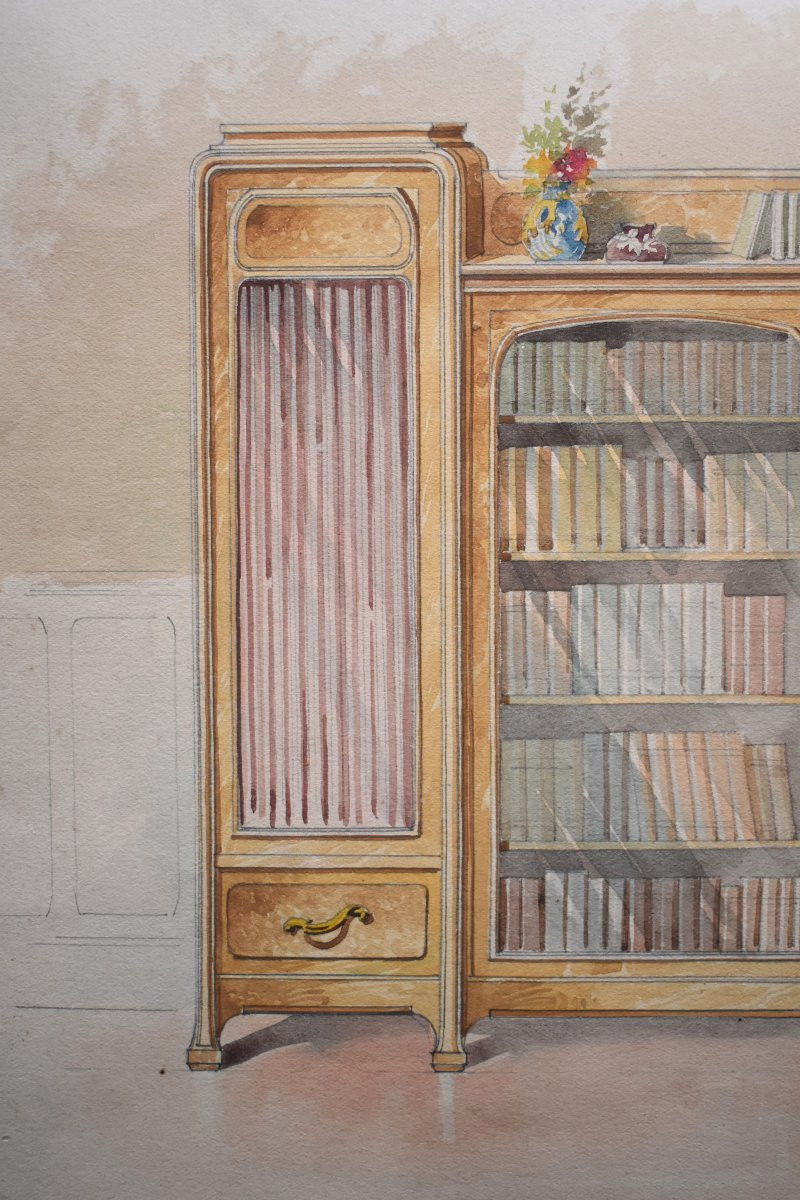 Ensemble de trois dessins aquarellés, projet de mobilier , ébénisterie, début XXème-photo-4