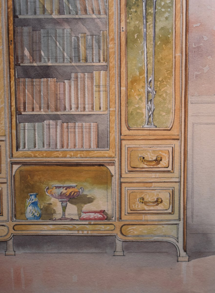 Ensemble de trois dessins aquarellés, projet de mobilier , ébénisterie, début XXème-photo-6