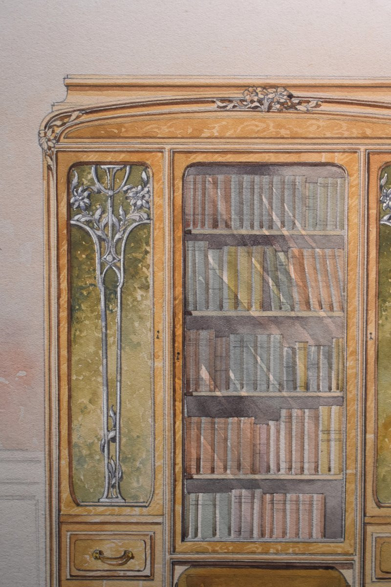 Ensemble de trois dessins aquarellés, projet de mobilier , ébénisterie, début XXème-photo-8