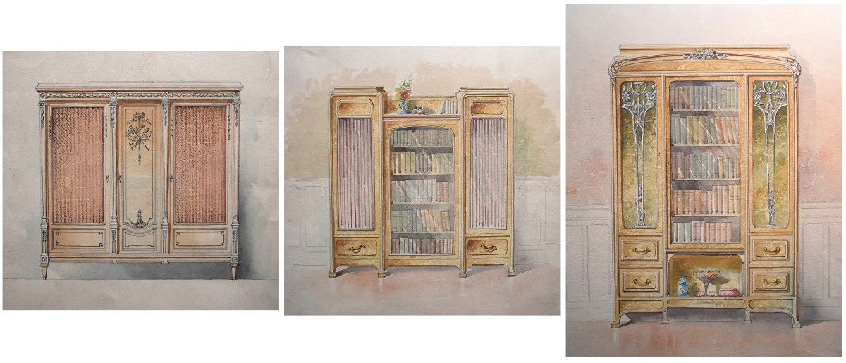 Ensemble de trois dessins aquarellés, projet de mobilier , ébénisterie, début XXème