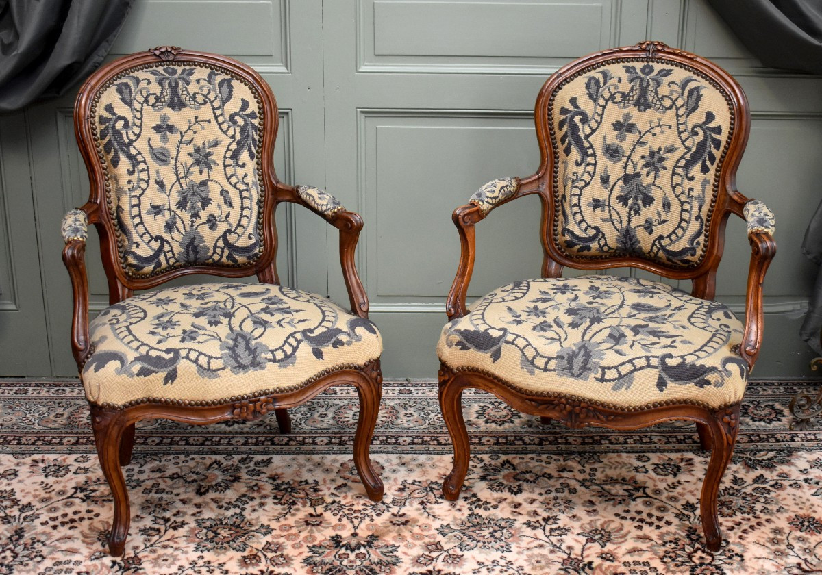 Pair Of Louis XV Period Armchairs, Petit Point Tapestry, Cabriolet Style, Mid-18th Century