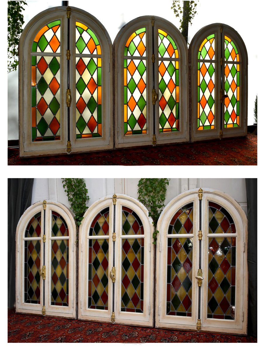 Set Of Three Windows, Stained Glass With Frames And Door Frames, Mid-20th Century-photo-2