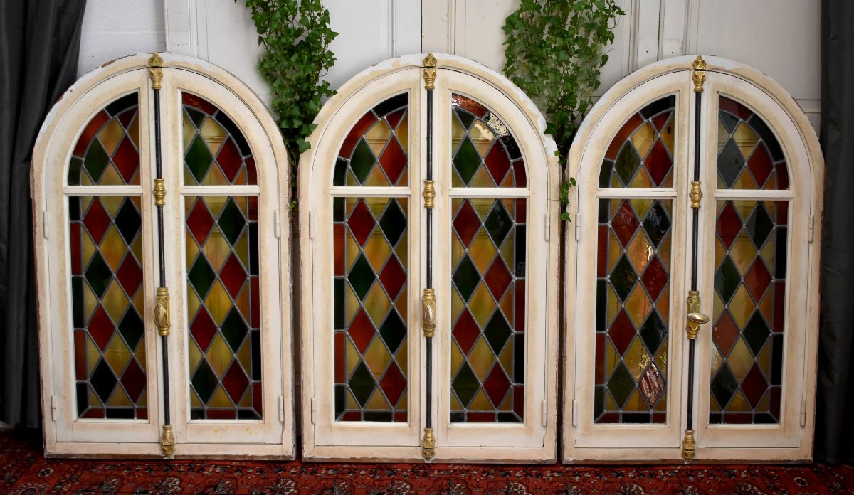 Set Of Three Windows, Stained Glass With Frames And Door Frames, Mid-20th Century-photo-3