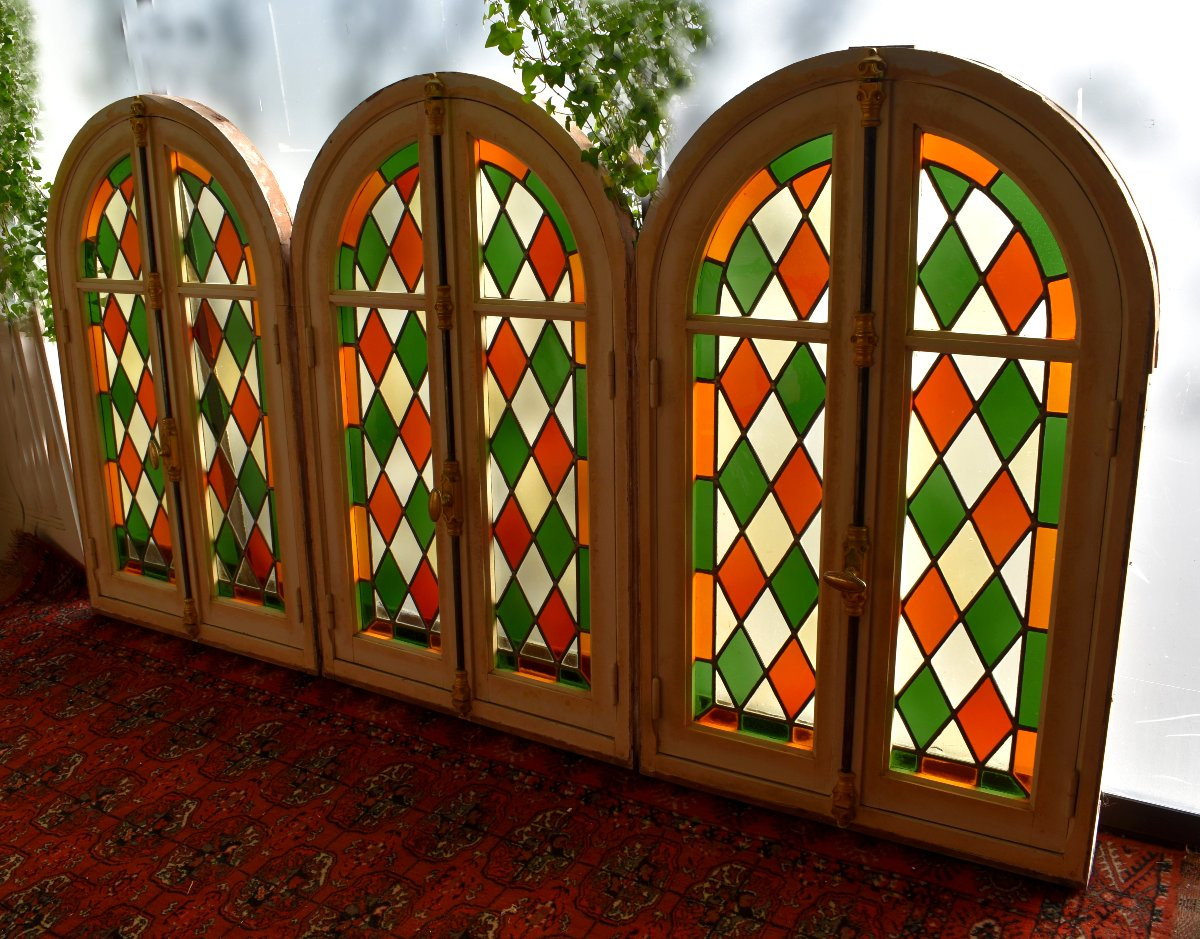 Set Of Three Windows, Stained Glass With Frames And Door Frames, Mid-20th Century-photo-4